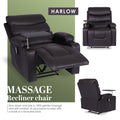 Harlow Massage Recliner Chair in three views: reclined with swivel tray, front and side upright