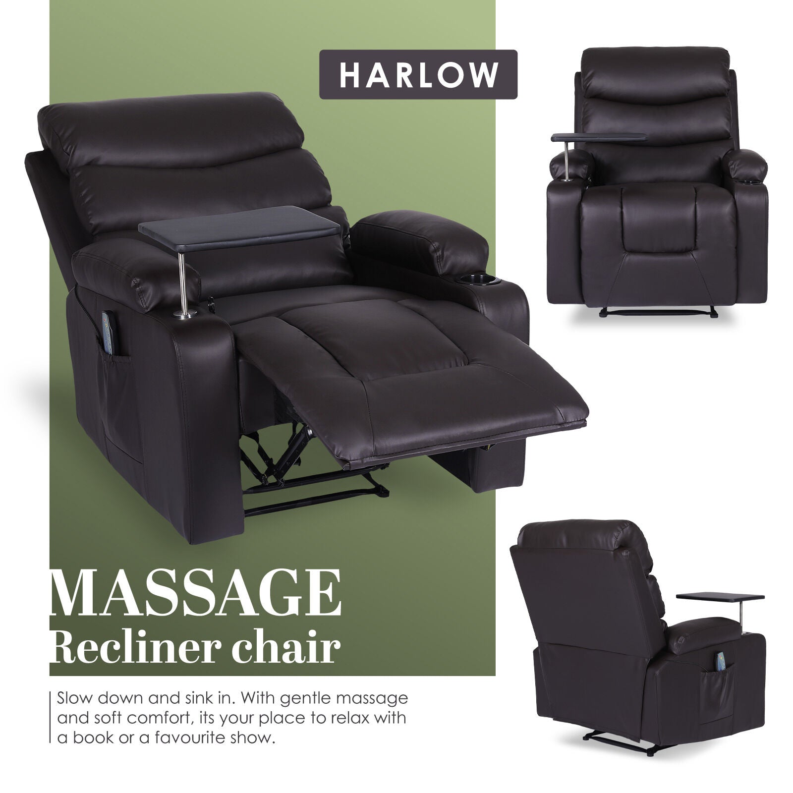 Harlow Massage Recliner Chair in three views: reclined with swivel tray, front and side upright