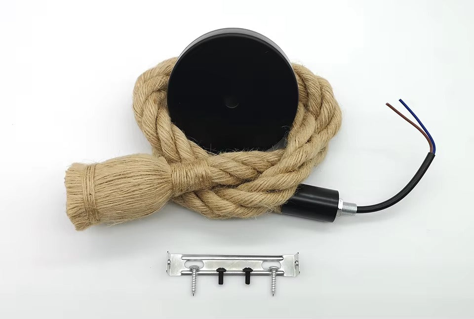 Hemp rope pendant lamp parts: black ceiling canopy, coiled hemp rope, socket with wires, mounting bracket and screws