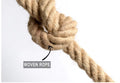 Close-up of hemp rope knot with label Woven Rope pointing to the twisted braided texture, white background
