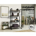 Industrial 4-tier bookshelf in study scene with vases and wicker basket; text highlights 60kg capacity