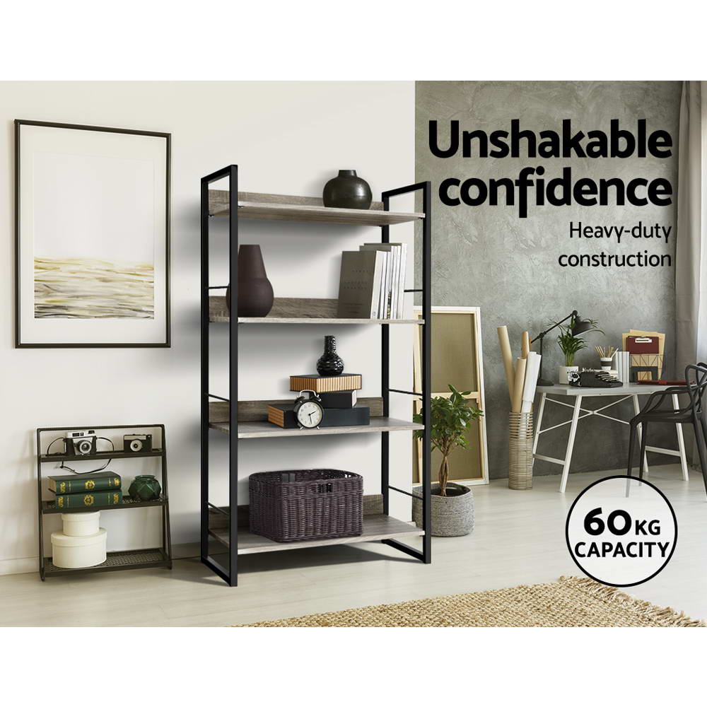 Industrial 4-tier bookshelf in study scene with vases and wicker basket; text highlights 60kg capacity