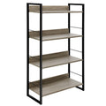 Industrial 4-tier open bookshelf with black metal frame and grey oak wood shelves on white background, angle view