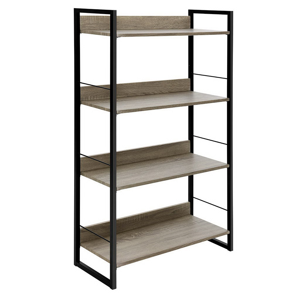 Industrial 4-tier open bookshelf with black metal frame and grey oak wood shelves on white background, angle view