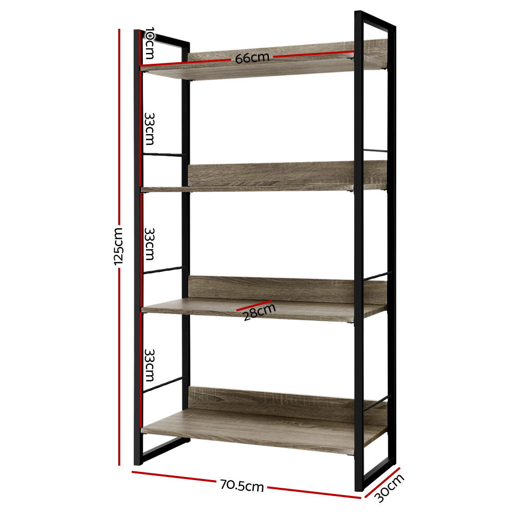 Industrial 4-tier open bookshelf with black metal frame and oak shelves styled with plant, books and wicker basket
