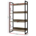 Industrial 4-tier bookshelf dimensions: 125cm tall, 70.5cm wide, 30cm deep, shelves 66cm wide, 28cm deep, 33cm spacing