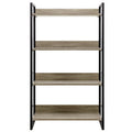 Industrial 4-tier open bookshelf with black metal frame and grey oak wood shelves, front view on white background
