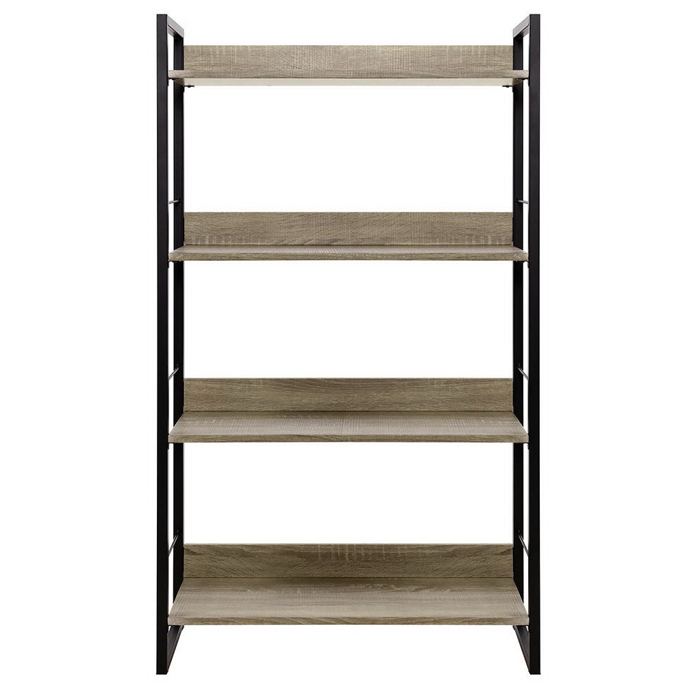 Industrial 4-tier open bookshelf with black metal frame and grey oak wood shelves, front view on white background