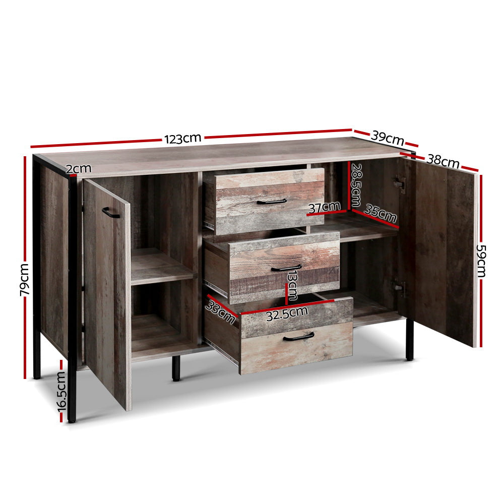 Industrial buffet dimensions: 123cm wide, 39cm deep, 79cm tall, three drawers, cabinet shelves, legs 16.5cm, panel 2cm