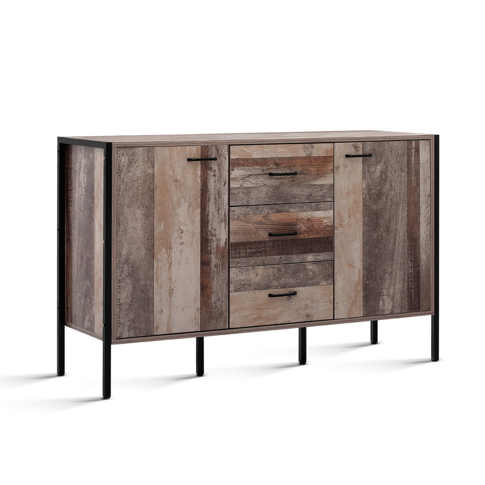 Industrial buffet with reclaimed wood-effect finish, two doors and three centre drawers, black metal frame and legs