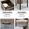 Industrial buffet features: open drawer, metal legs close-up, 10cm black handle and smooth drawer runners