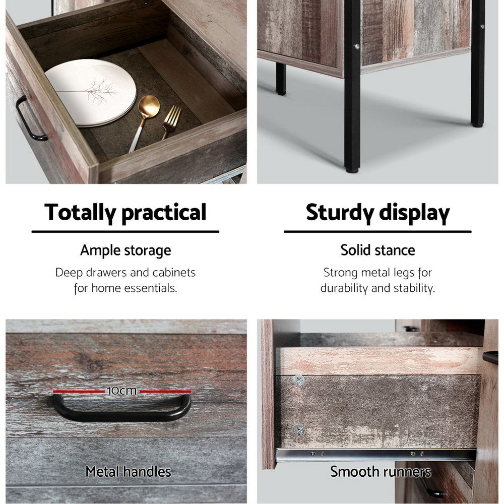 Industrial buffet features: open drawer, metal legs close-up, 10cm black handle and smooth drawer runners