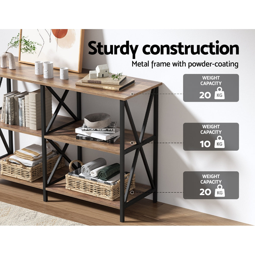 Three-tier console in room; text "Metal frame with powder-coating"; weight: top 20 kg, middle 10 kg, base 20 kg