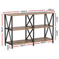 Three-tier industrial console dimensions diagram: 120x40x76cm, sections 55cm wide, shelf spacing 32cm