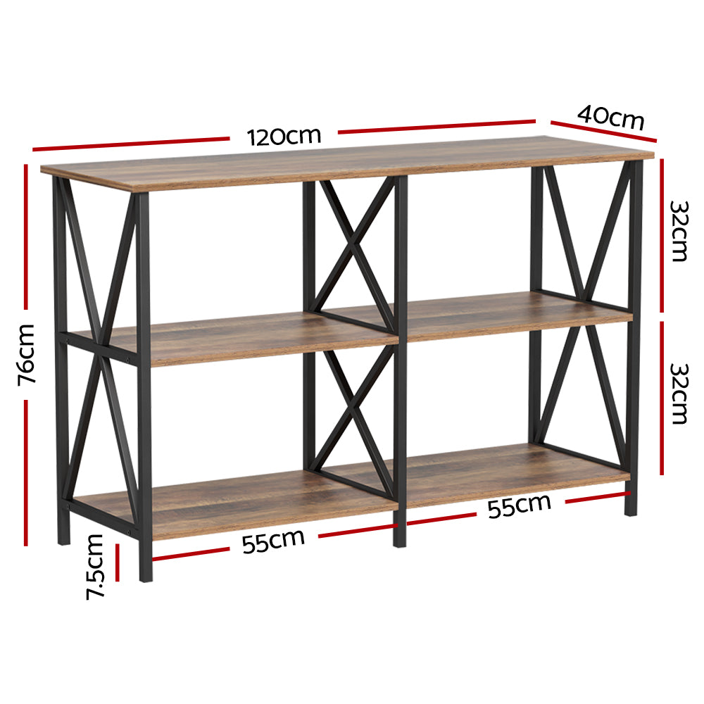 Three-tier industrial console dimensions diagram: 120x40x76cm, sections 55cm wide, shelf spacing 32cm