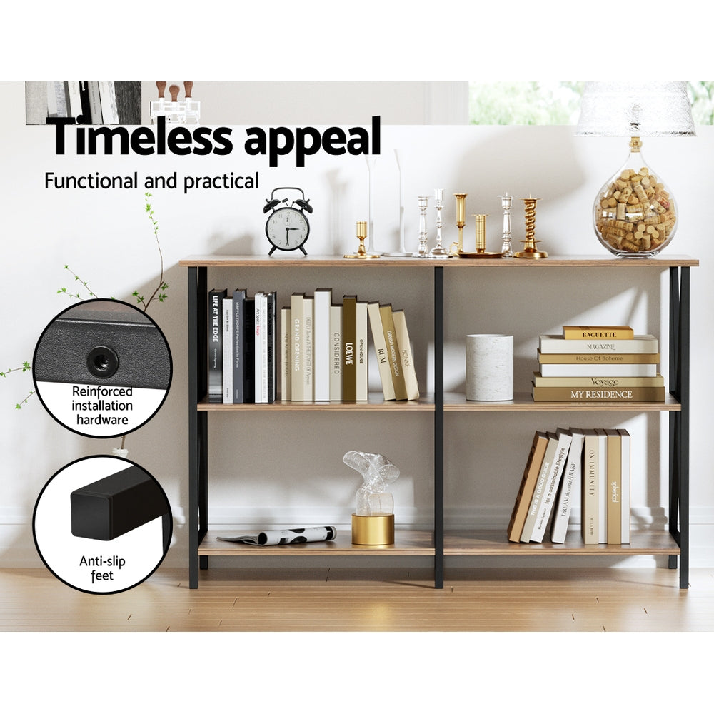 Three-tier console styled with books and decor; text "Timeless appeal"; callouts: reinforced hardware, anti-slip feet