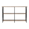 Three-tier industrial console table straight front view: dark walnut shelves and black X-frame uprights, white background