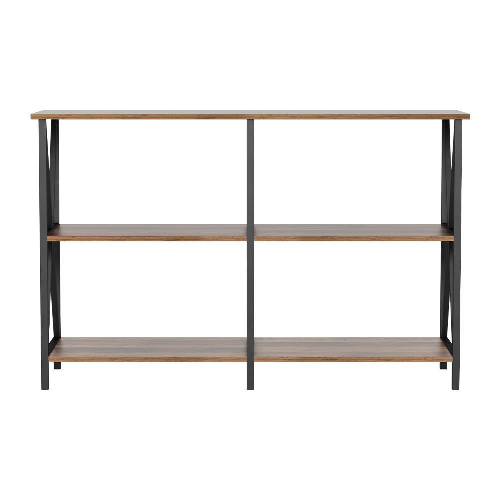 Three-tier industrial console table straight front view: dark walnut shelves and black X-frame uprights, white background