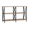 Three-tier industrial console table front view: dark walnut shelves on black X-frame metal uprights, white background