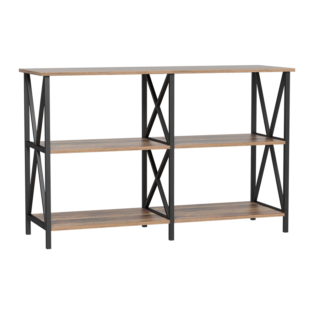Three-tier industrial console table front view: dark walnut shelves on black X-frame metal uprights, white background
