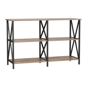 Three-tier industrial console table front view: dark walnut shelves on black X-frame metal uprights, white background