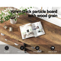 Top-down dark wood grain shelf surface; text 