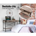Industrial console table in bedroom with laptop on top; inset shows open drawer dimensions 41×28cm; text 