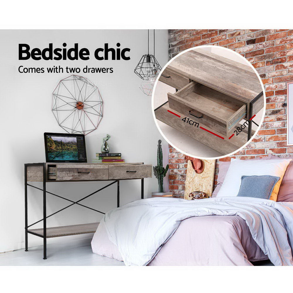 Industrial console table in bedroom with laptop on top; inset shows open drawer dimensions 41×28cm; text "Bedside chic"