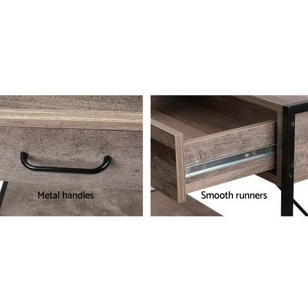 Two-panel detail: black bar handle close-up and open drawer showing smooth metal slide runners