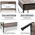 Four-panel features: X-brace metal frame, 15mm thick board close-up, powder-coated legs, and anti-scratch floor protectors