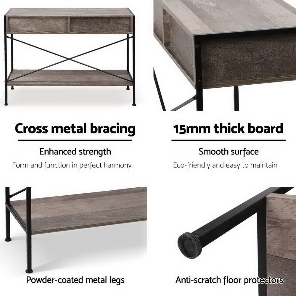 Four-panel features: X-brace metal frame, 15mm thick board close-up, powder-coated legs, and anti-scratch floor protectors