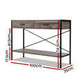 Industrial console table dimensions: 100cm wide, 35cm deep, 74.5cm tall; drawer section 41.5cm, shelf 17.5cm