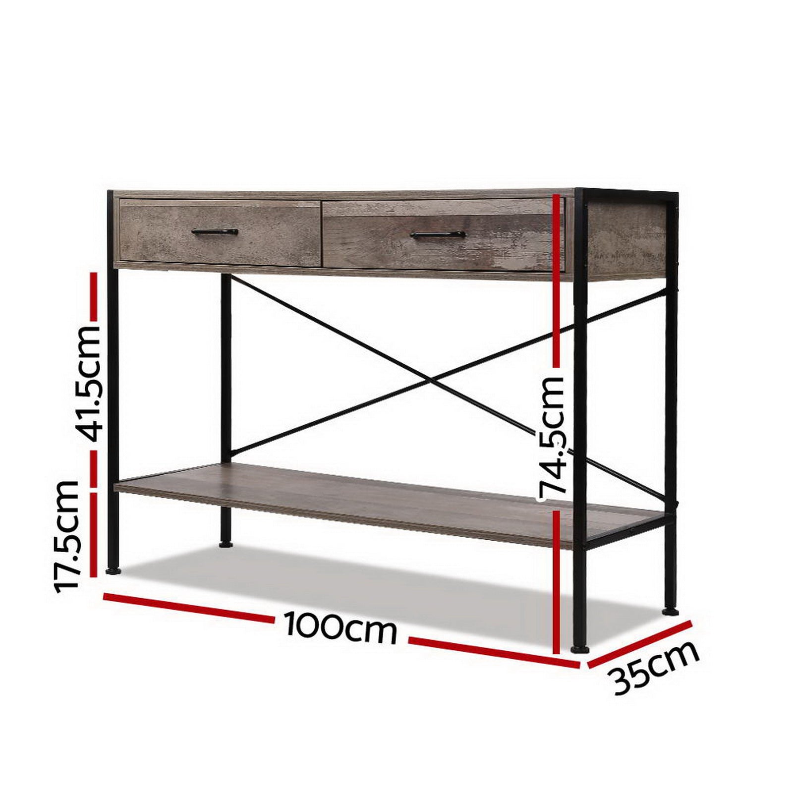 Industrial console table dimensions: 100cm wide, 35cm deep, 74.5cm tall; drawer section 41.5cm, shelf 17.5cm