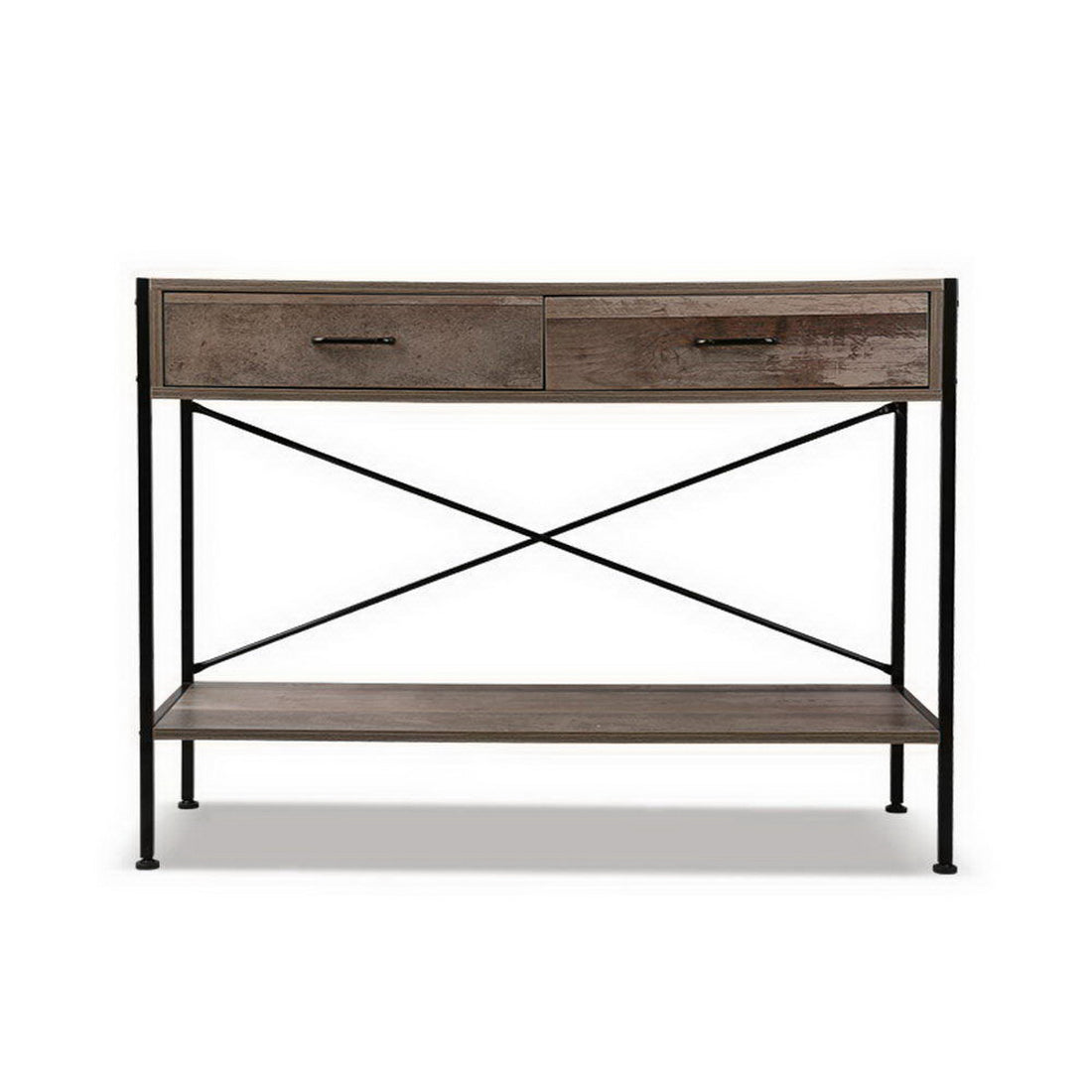 Industrial console table with 2 drawers and bottom shelf styled in brick-wall room with vintage radio and wire photo board