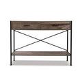 Industrial console table: two drawers with black bar handles, X-cross metal frame and bottom shelf, white background