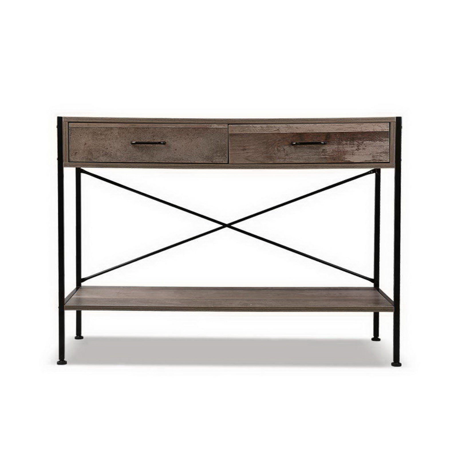 Industrial console table: two drawers with black bar handles, X-cross metal frame and bottom shelf, white background
