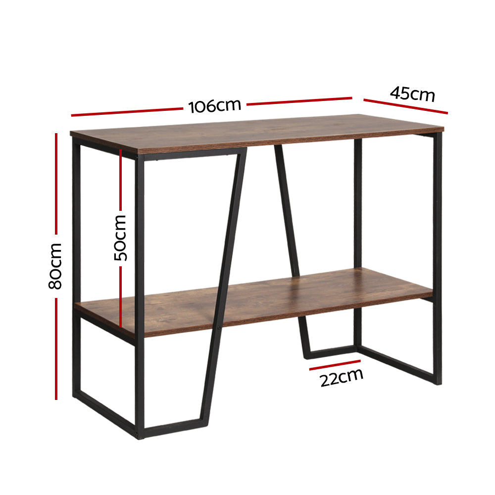 Industrial console table dimensions: 106cm wide, 45cm deep, 80cm tall, 50cm shelf gap, black A-frame legs