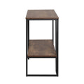 Industrial console table side view: dark walnut top and lower shelf on black metal rectangular frame, white background