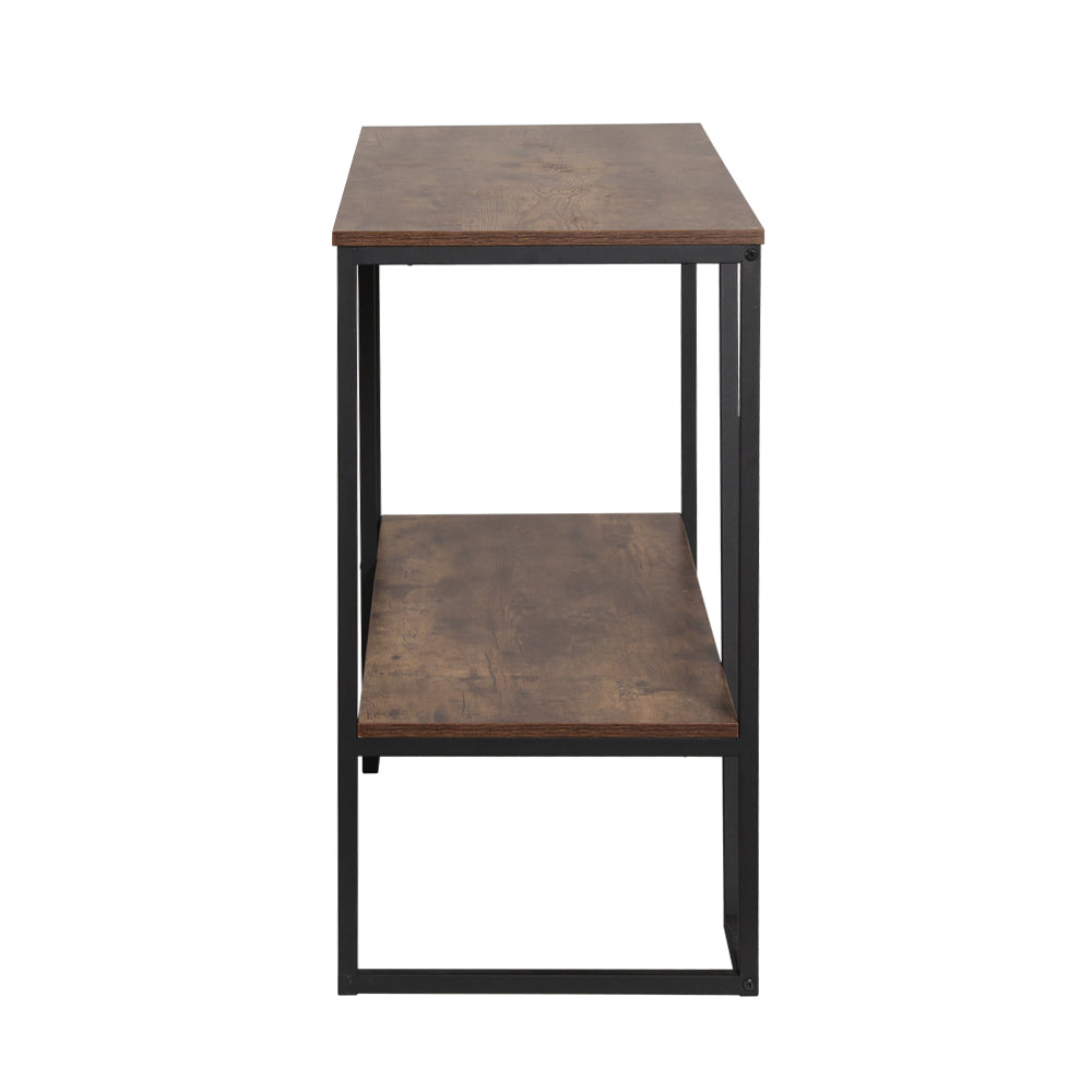 Industrial console table side view: dark walnut top and lower shelf on black metal rectangular frame, white background