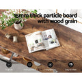 Dark wood grain console shelf close-up; text 