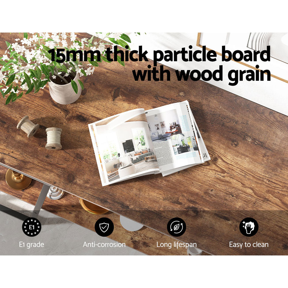 Dark wood grain console shelf close-up; text "15mm thick particle board with wood grain"; icons: E1 grade, anti-corrosion
