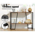 Console table dark walnut shelves, black A-frame legs in room setting; callouts: reinforced hardware and anti-slip feet