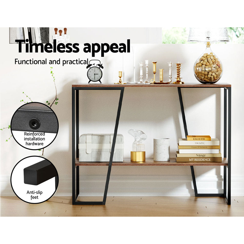Console table dark walnut shelves, black A-frame legs in room setting; callouts: reinforced hardware and anti-slip feet