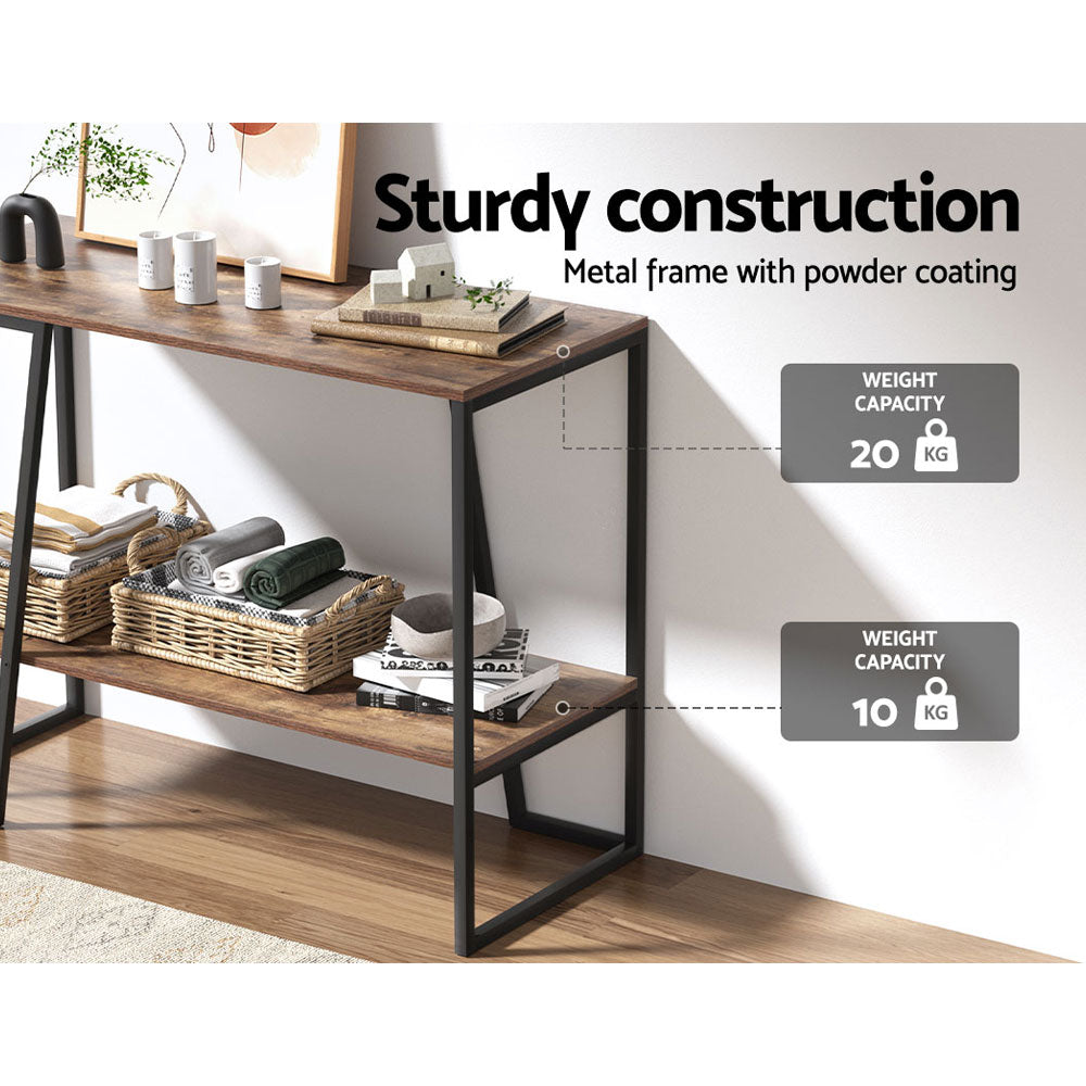 Industrial console in room; text "Metal frame with powder coating"; weight capacity: top 20 kg, lower shelf 10 kg
