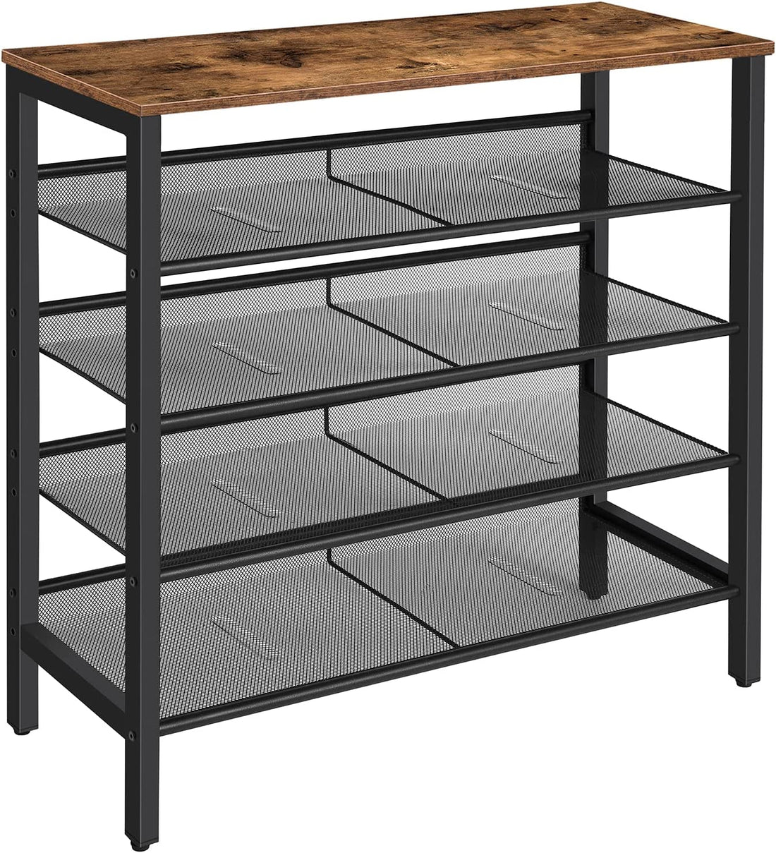 Industrial mesh 4-tier shoe rack with rustic brown wood top and black metal frame on white background