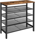 Industrial mesh 4-tier shoe rack with rustic brown wood top and black metal frame on white background