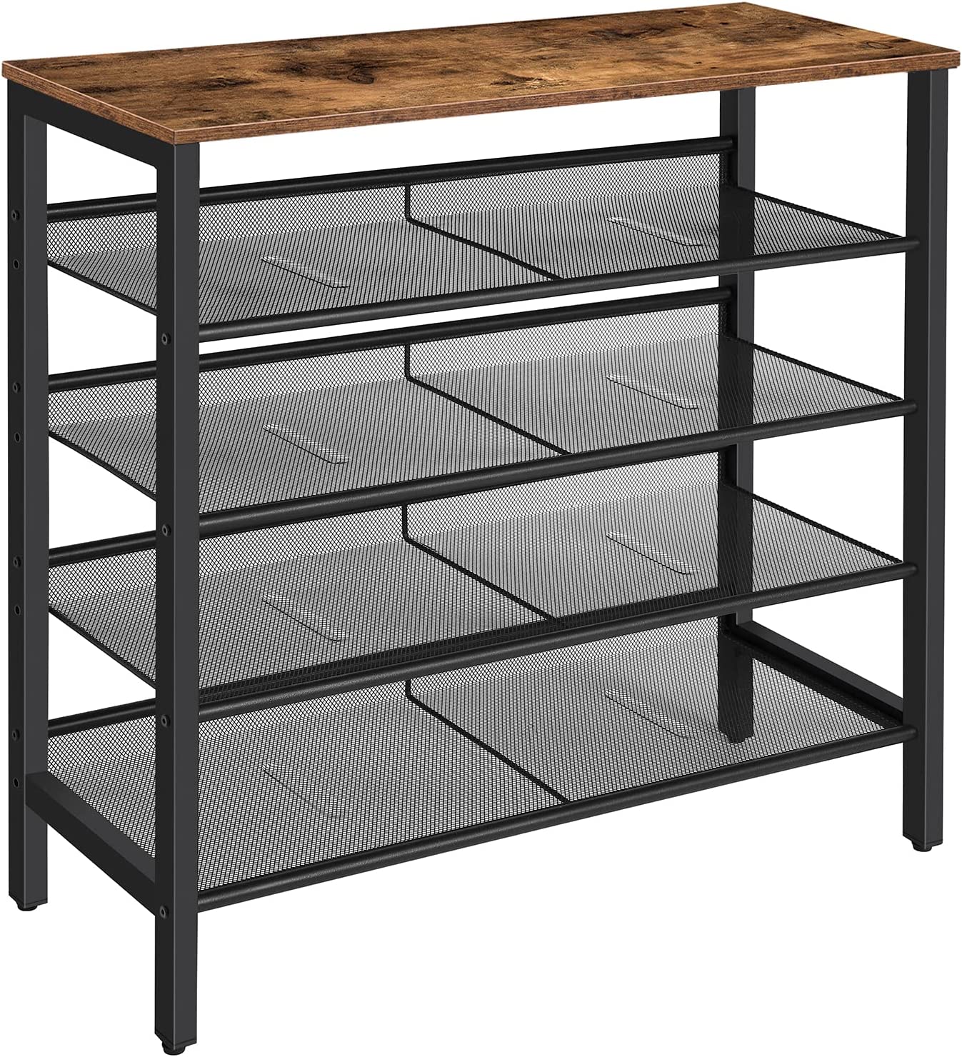 Industrial mesh 4-tier shoe rack with rustic brown wood top and black metal frame on white background