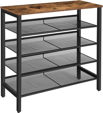 Industrial mesh 4-tier shoe rack with rustic brown wood top and black metal frame on white background