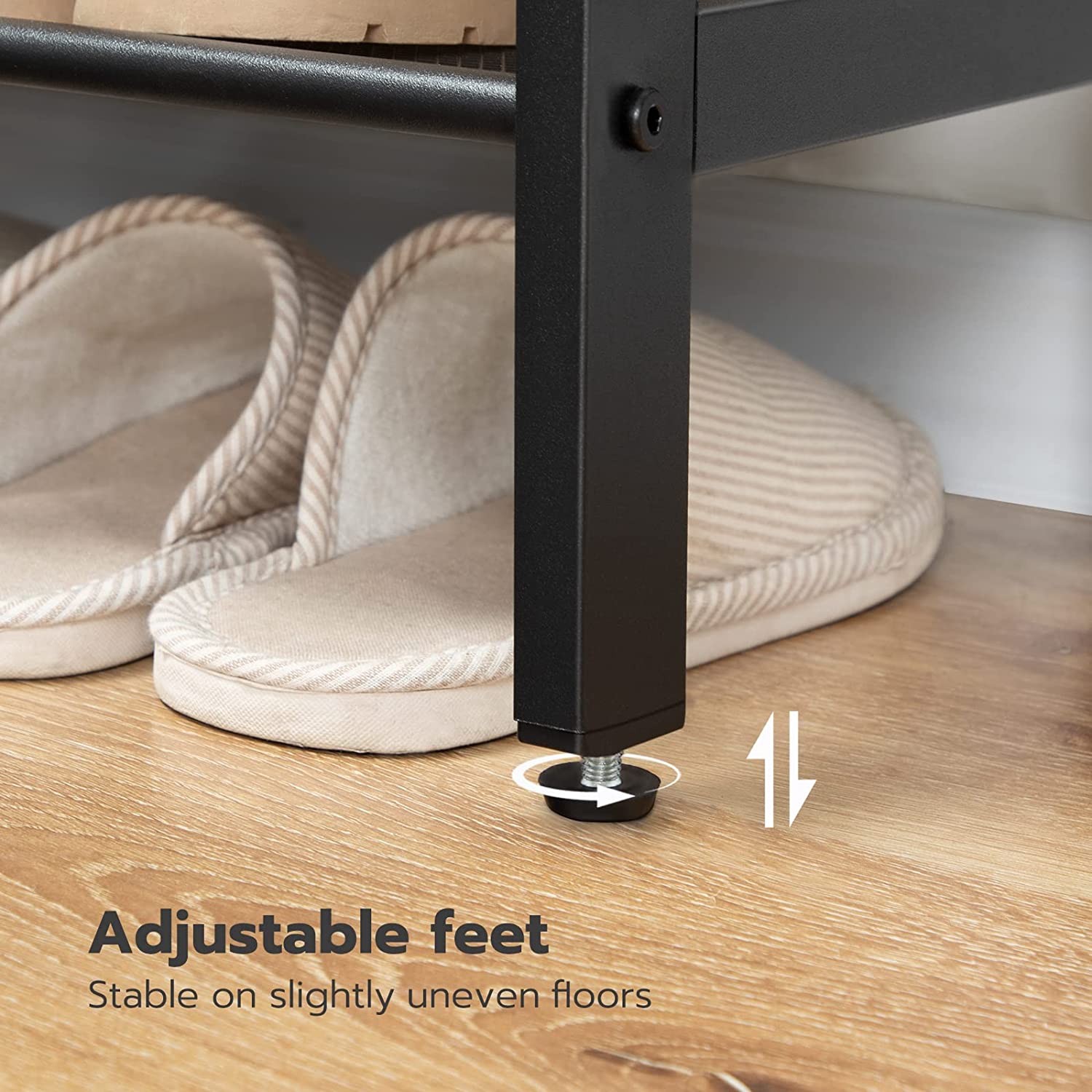 Close-up of adjustable screw foot on mesh shoe rack leg with slippers on shelf, adjustable feet text