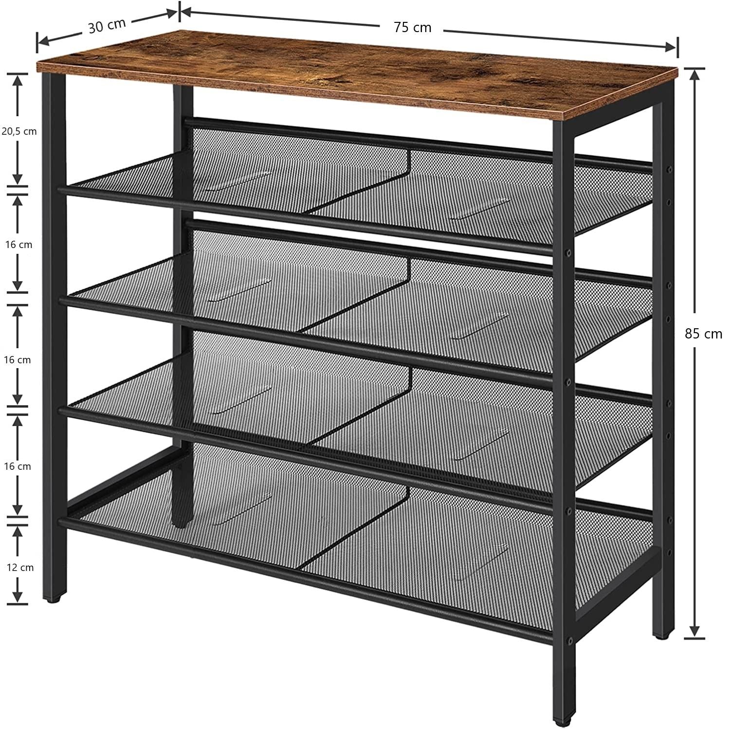 Dimensions diagram: industrial mesh shoe rack 75cm wide, 30cm deep, 85cm tall, 4 tiers 16cm apart